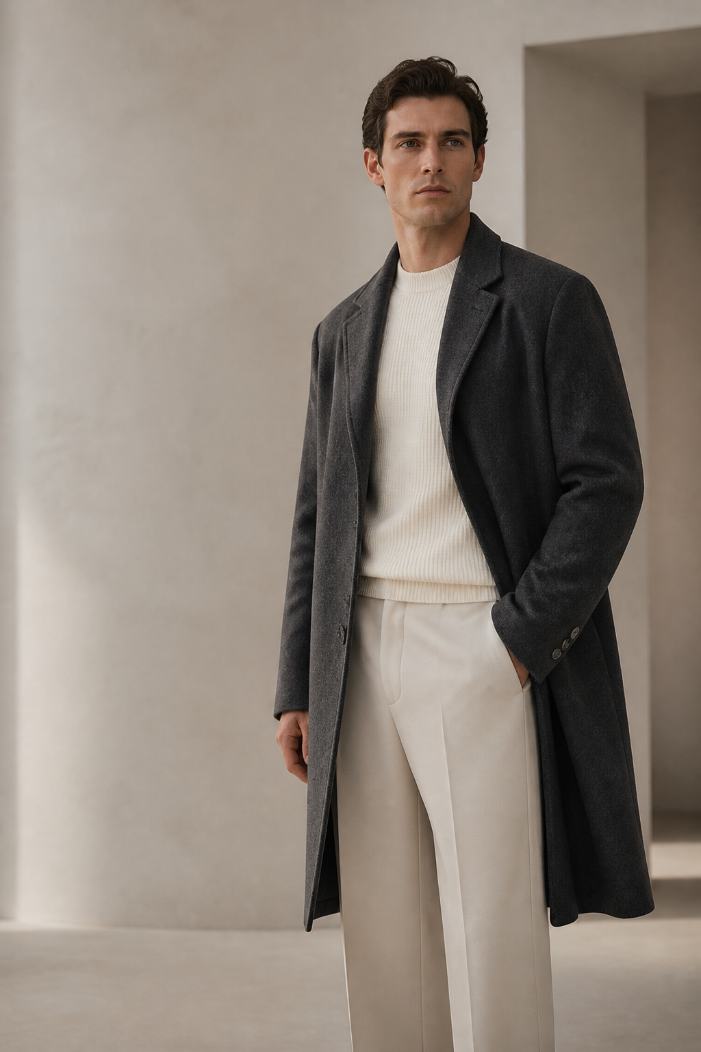 Editorial fashion portrait in a tailored neutral outfit